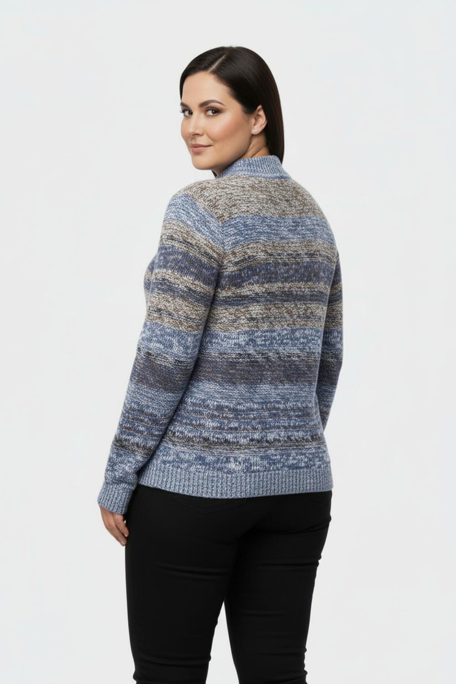 Langarm-Pullover mit Strickstruktur - jeansblau-braun-meliert