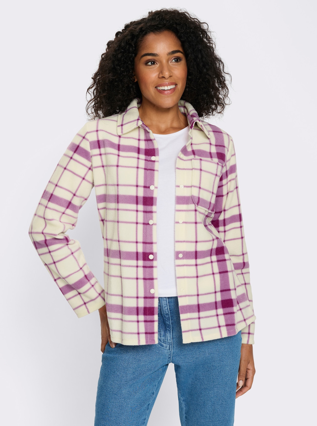 Fleecejacka med längre fåll baktill - orkidé-champagne-rutig