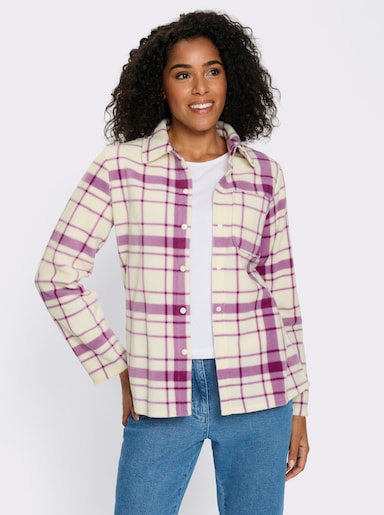 Fleecejacka med längre fåll baktill - orkidé-champagne-rutig