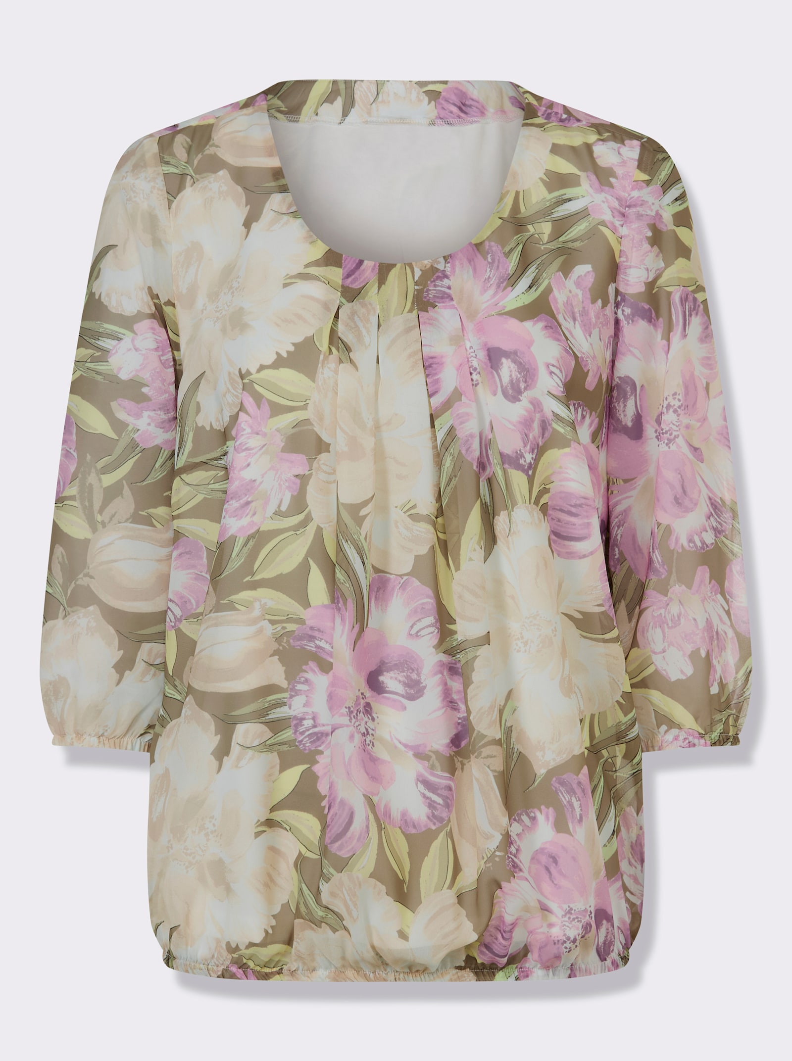 Žoržetová halenka s rukávy a dolním lemem staženými do gumičky - pistáciová-orchideová-potisk