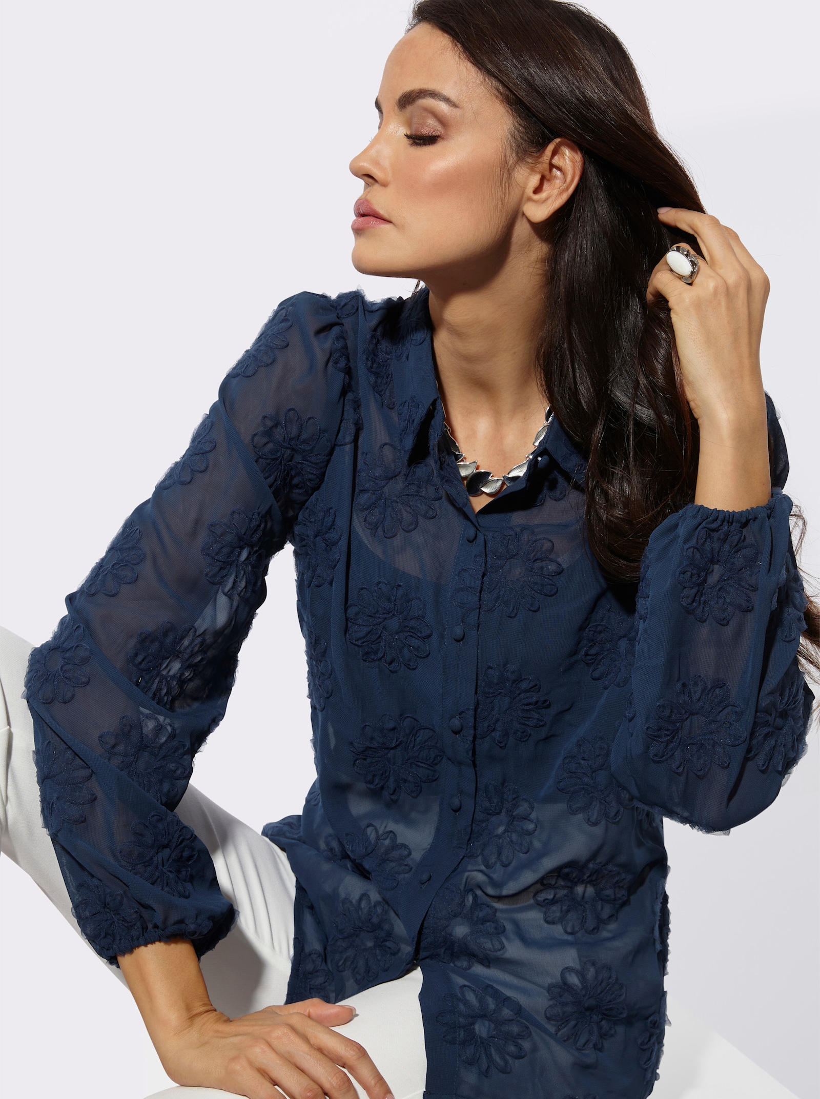 Hemdbluse mit weiten Ärmeln - dunkelblau