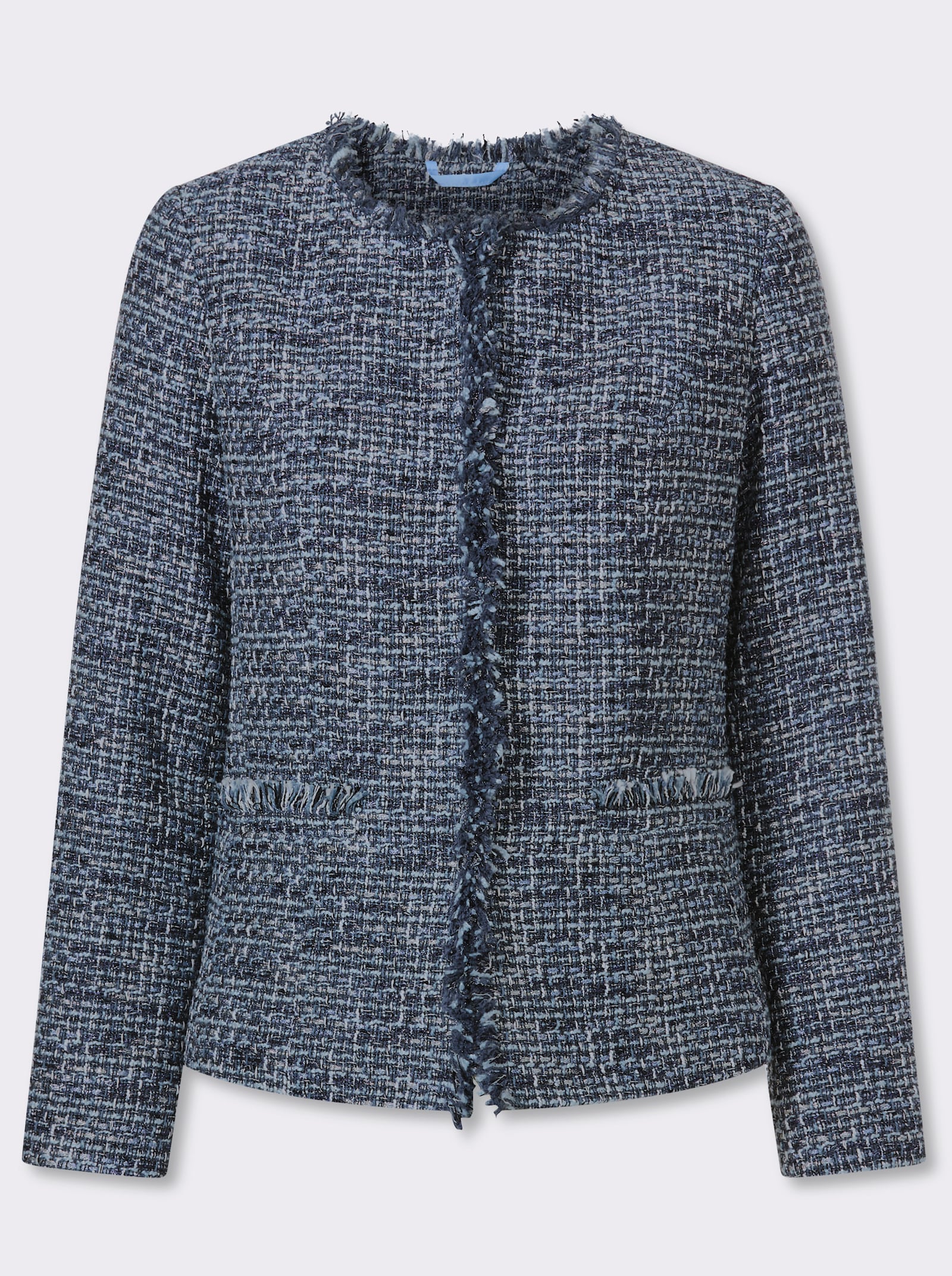 Bouclé-Blazer mit Fransenkante - marine-eisblau-meliert