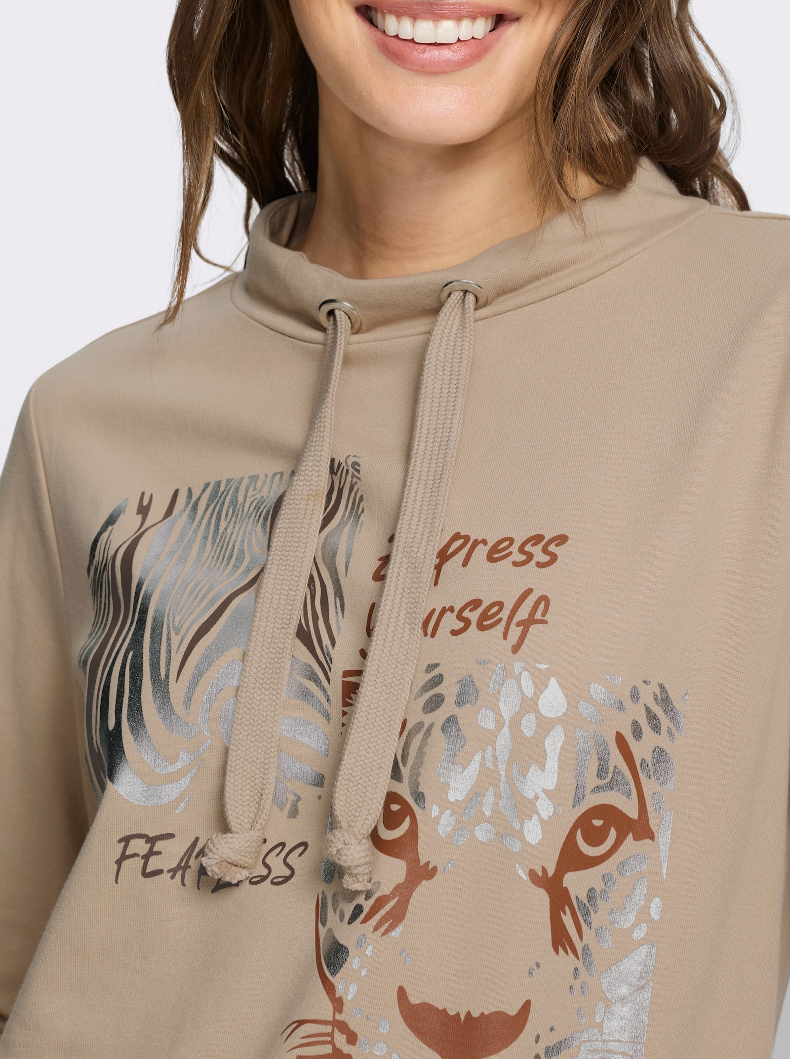 Sweatshirt mit Leo- und Folien-Print - beige-schoko