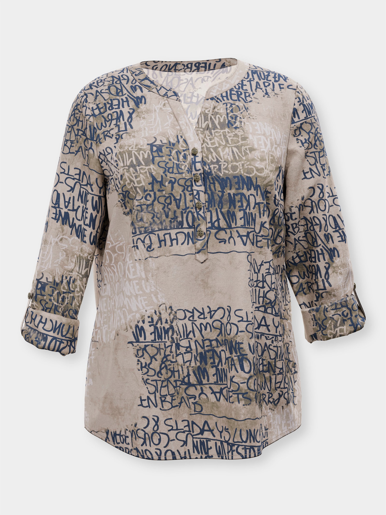 Druckbluse mit kurzer Knopfleiste - beige-dunkelblau-bedruckt