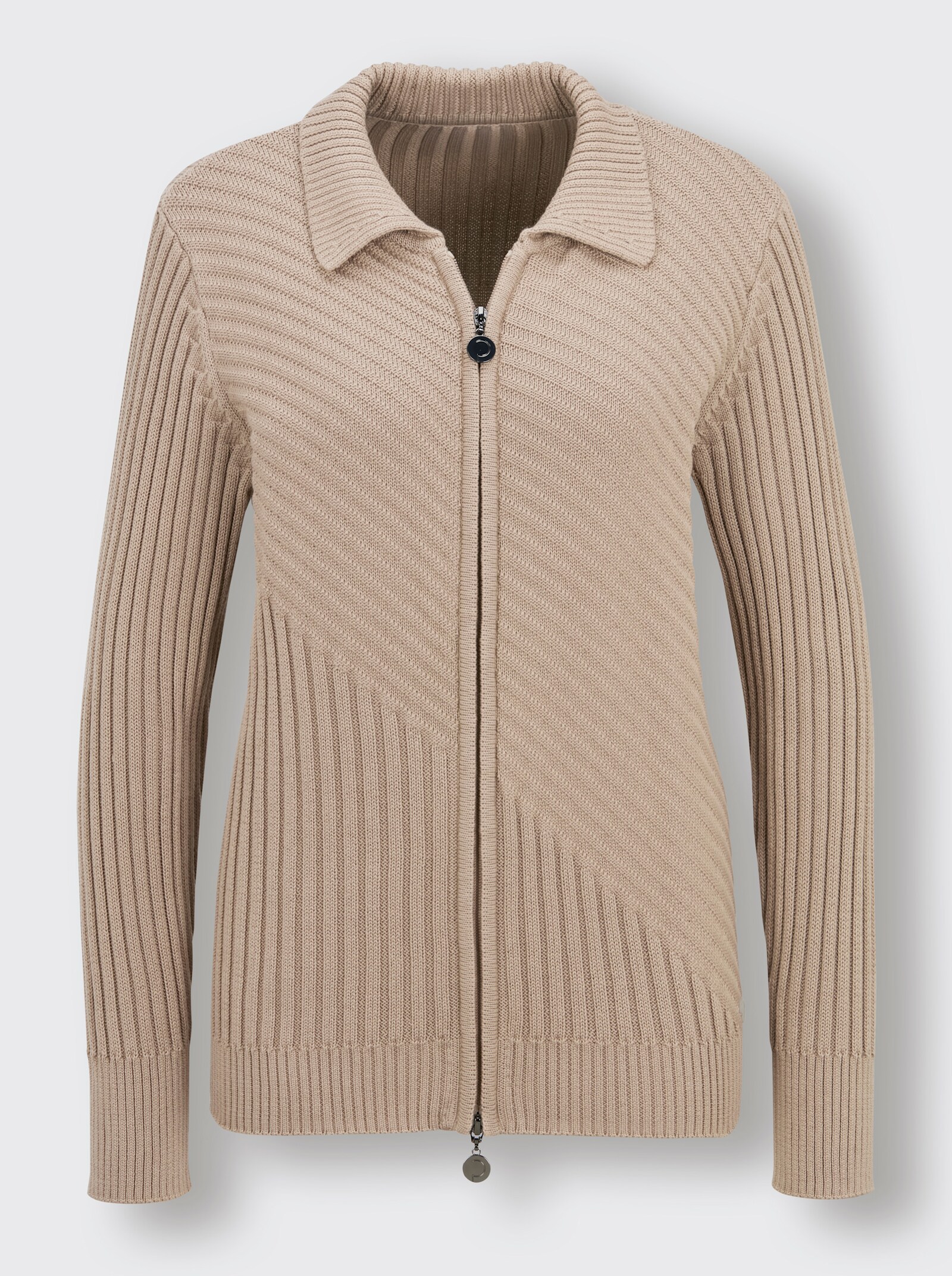 CREATION L PREMIUM Strickjacke mit diagonalem Strickmuster - sesam