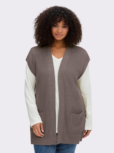 Strickweste mit Zopfmuster vorne - taupe