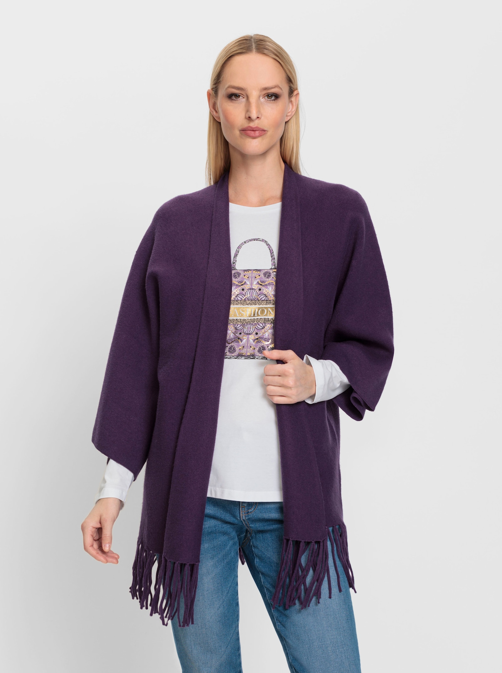 heine Strickcape mit Fransen - traube