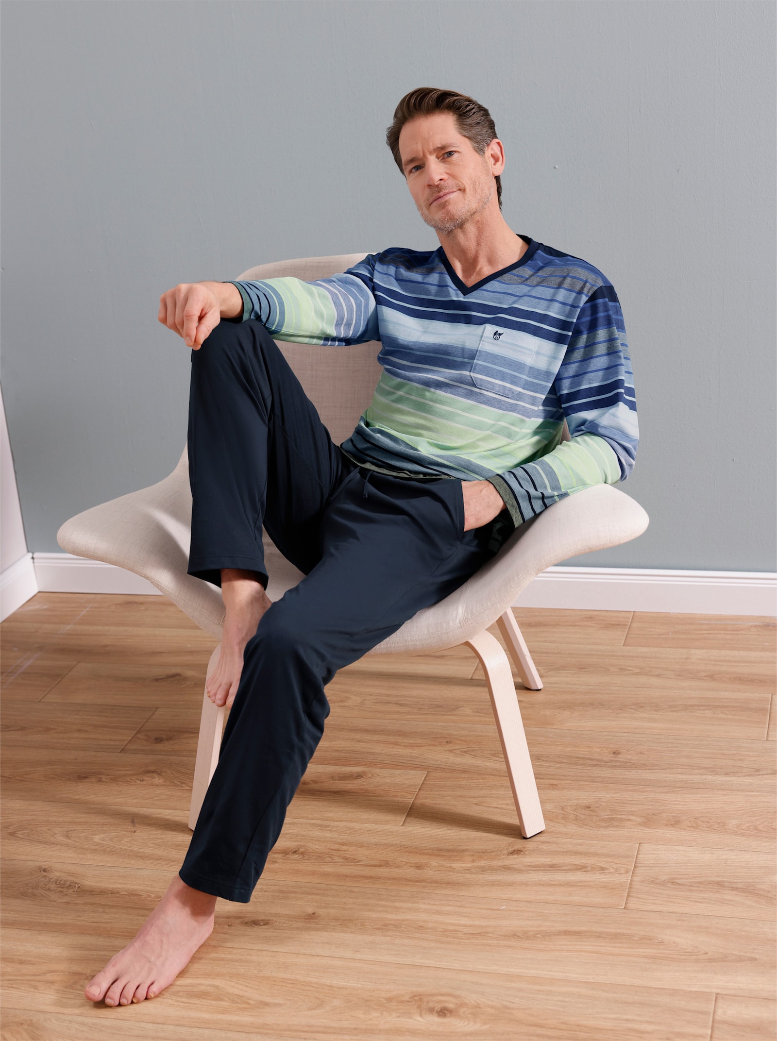 Hajo Schlafanzug - marine-pistazie-geringelt