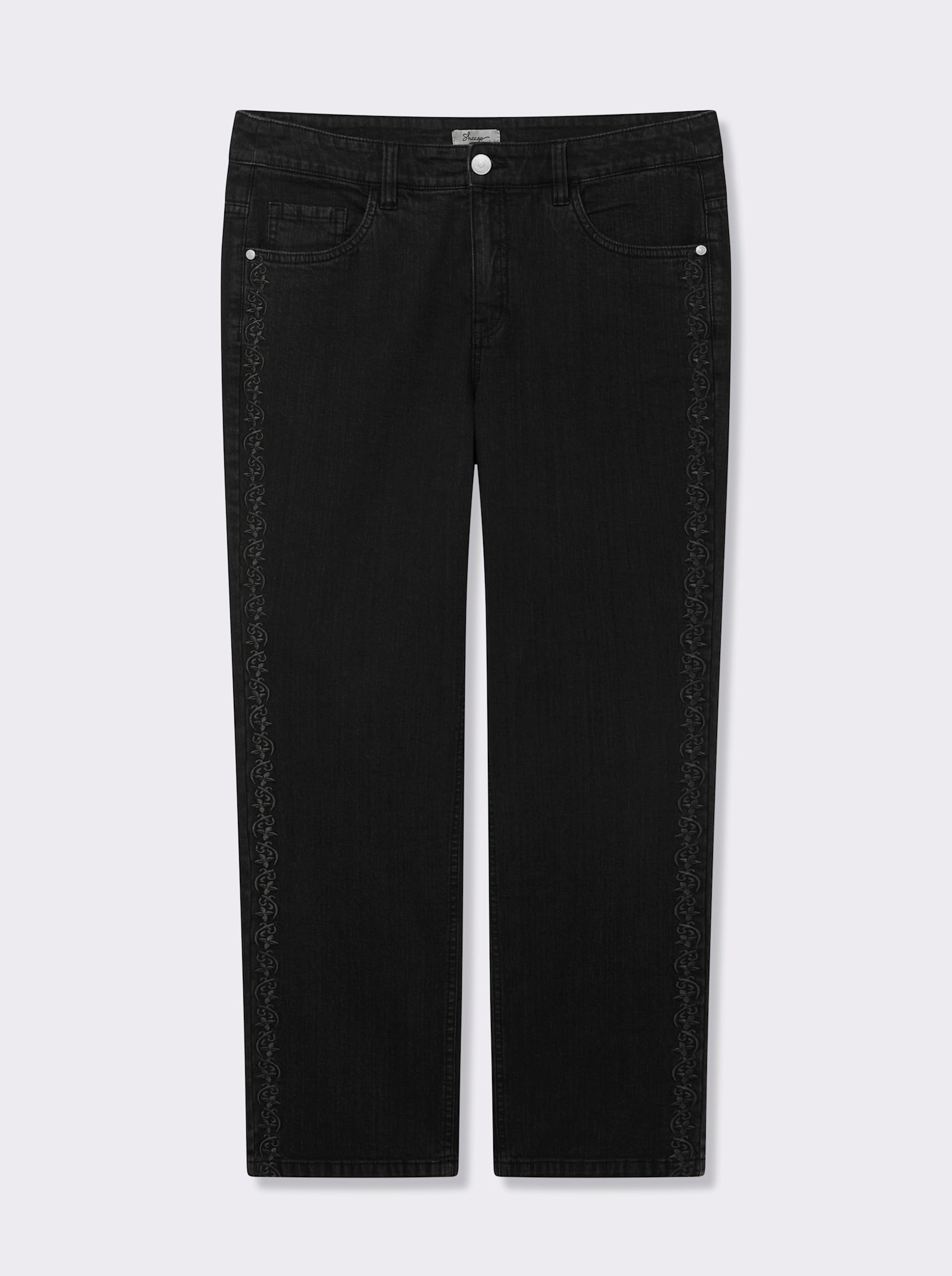 sheego Gerade Jeans mit Blüten-Stickerei seitlich - black denim