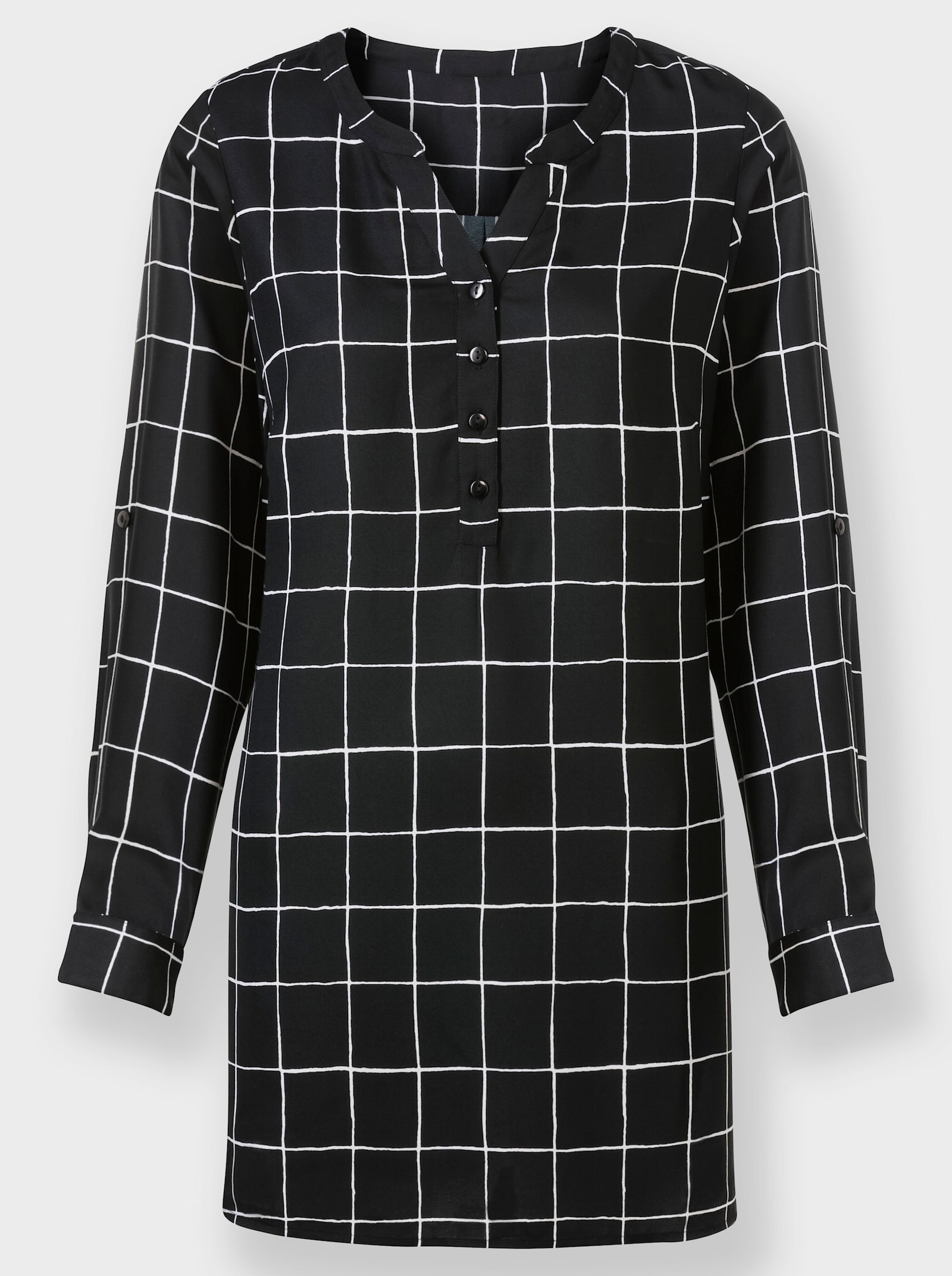 Langarm-Bluse in Longform - schwarz-weiß-kariert