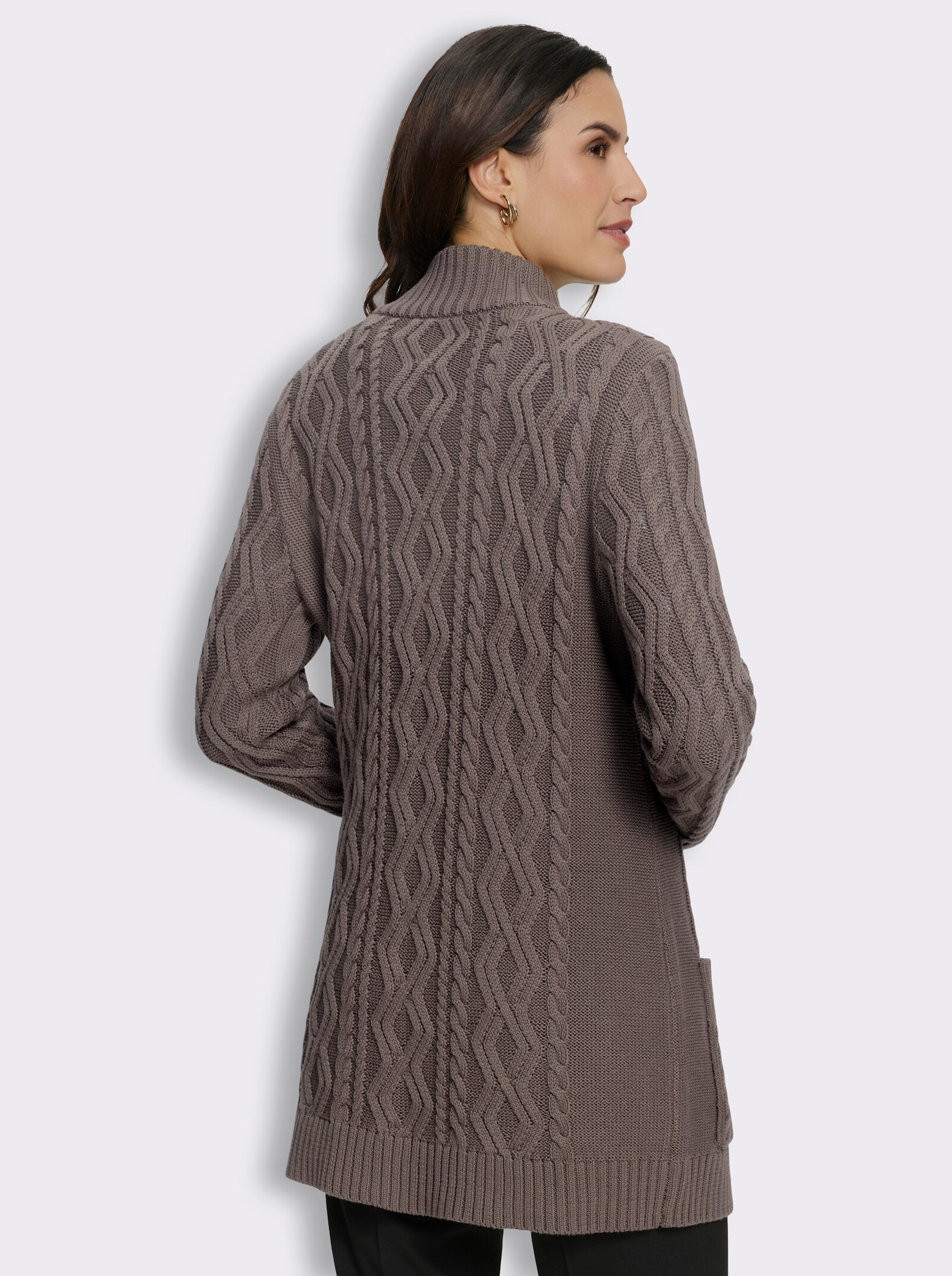 Longstrickjacke mit Zopfmuster rundum - dunkeltaupe