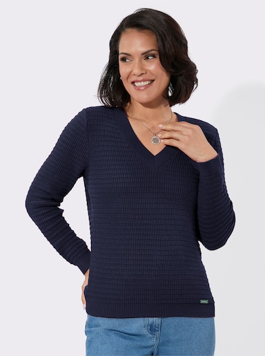 V-Ausschnitt-Pullover mit geripptem Saum - marine