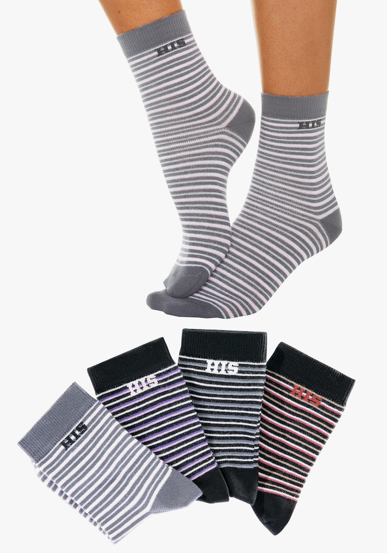 H.I.S chaussettes basiques - gris-noir, gris foncé-noir, gris clair, rouge-noir