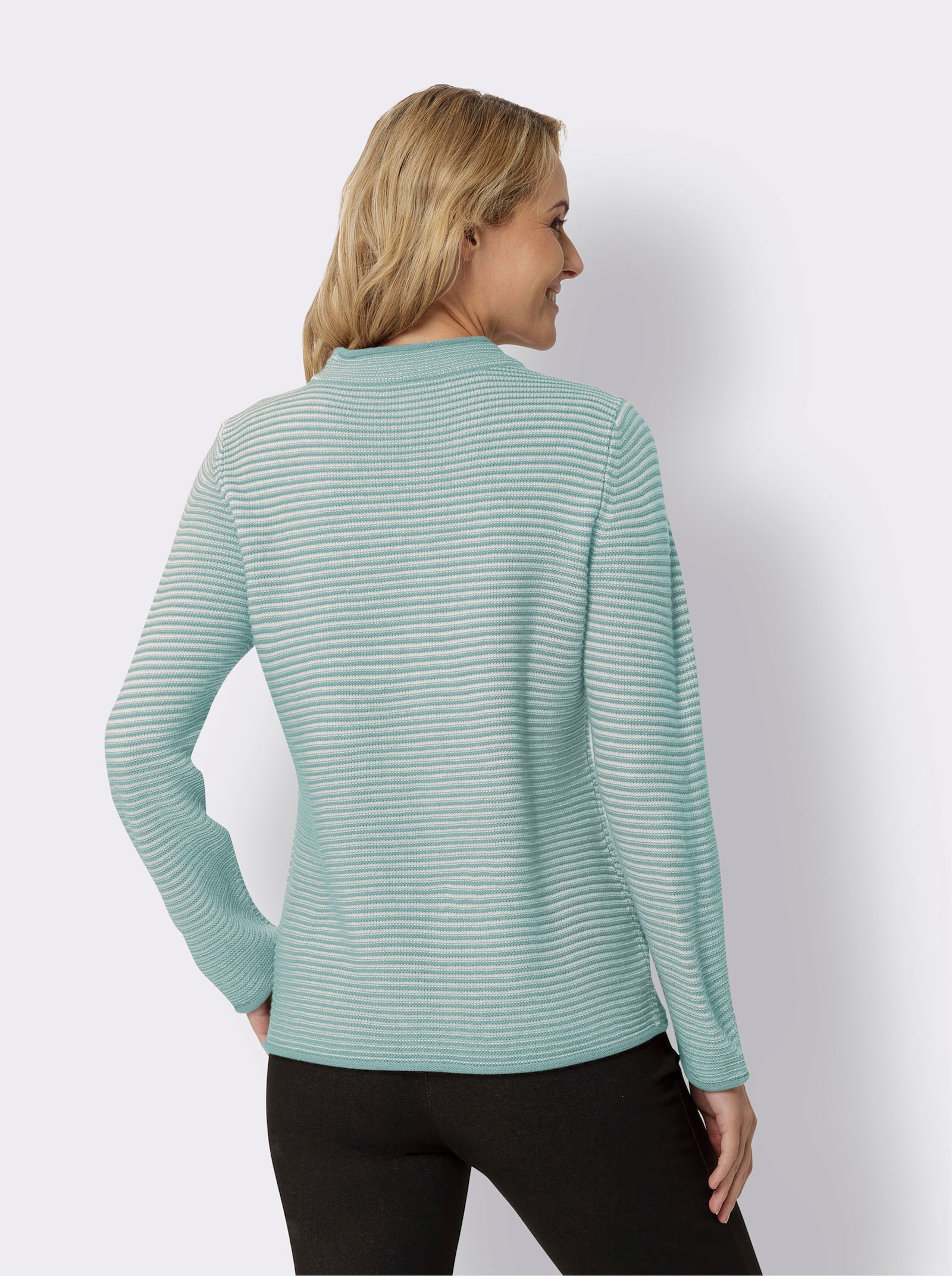 Stehkragenpullover mit Streifen-Muster - salbei-ecru-geringelt