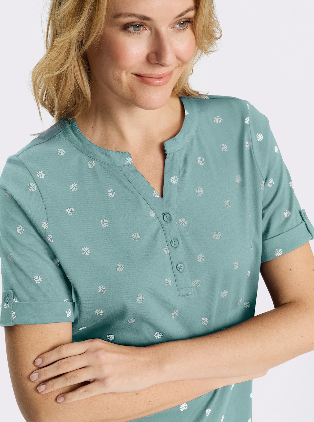 Kurzarmshirt im maritimen Dessin - salbei-ecru-bedruckt