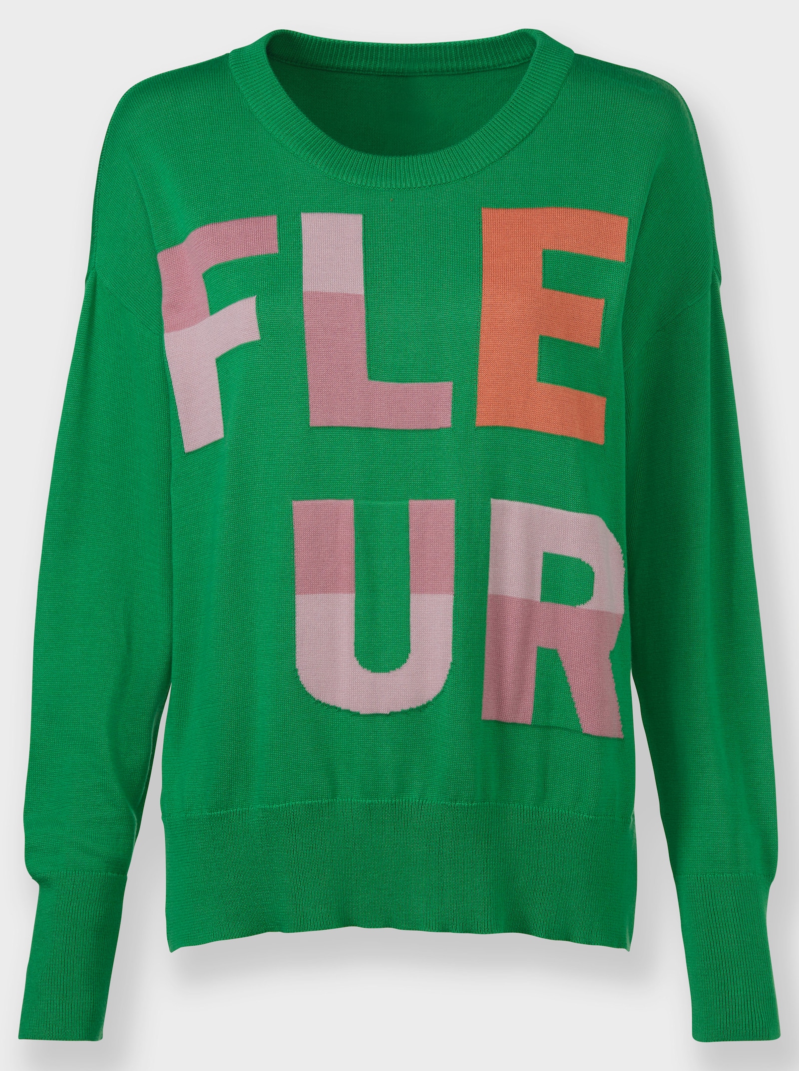 heine Pullover van fijntricot met opschrift - grasgroen/oudroze gedessineerd