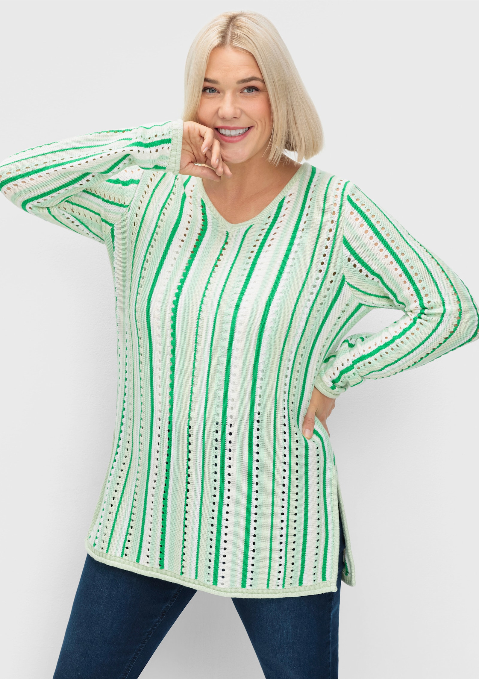 sheego Ajourpullover mit Streifen - grün-offwhite