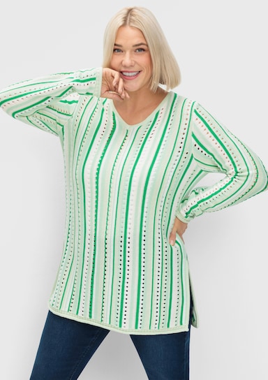 sheego Ajourpullover met strepen - groen/off-white