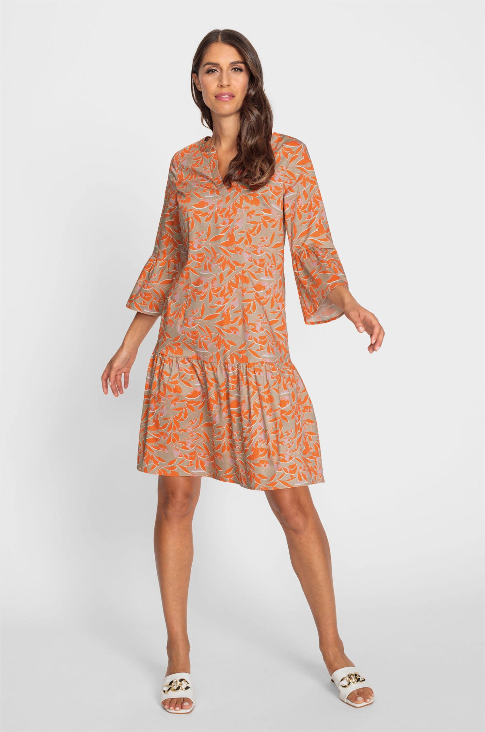 heine Volantkleid mit V-Ausschnitt - beige-orange-bedruckt