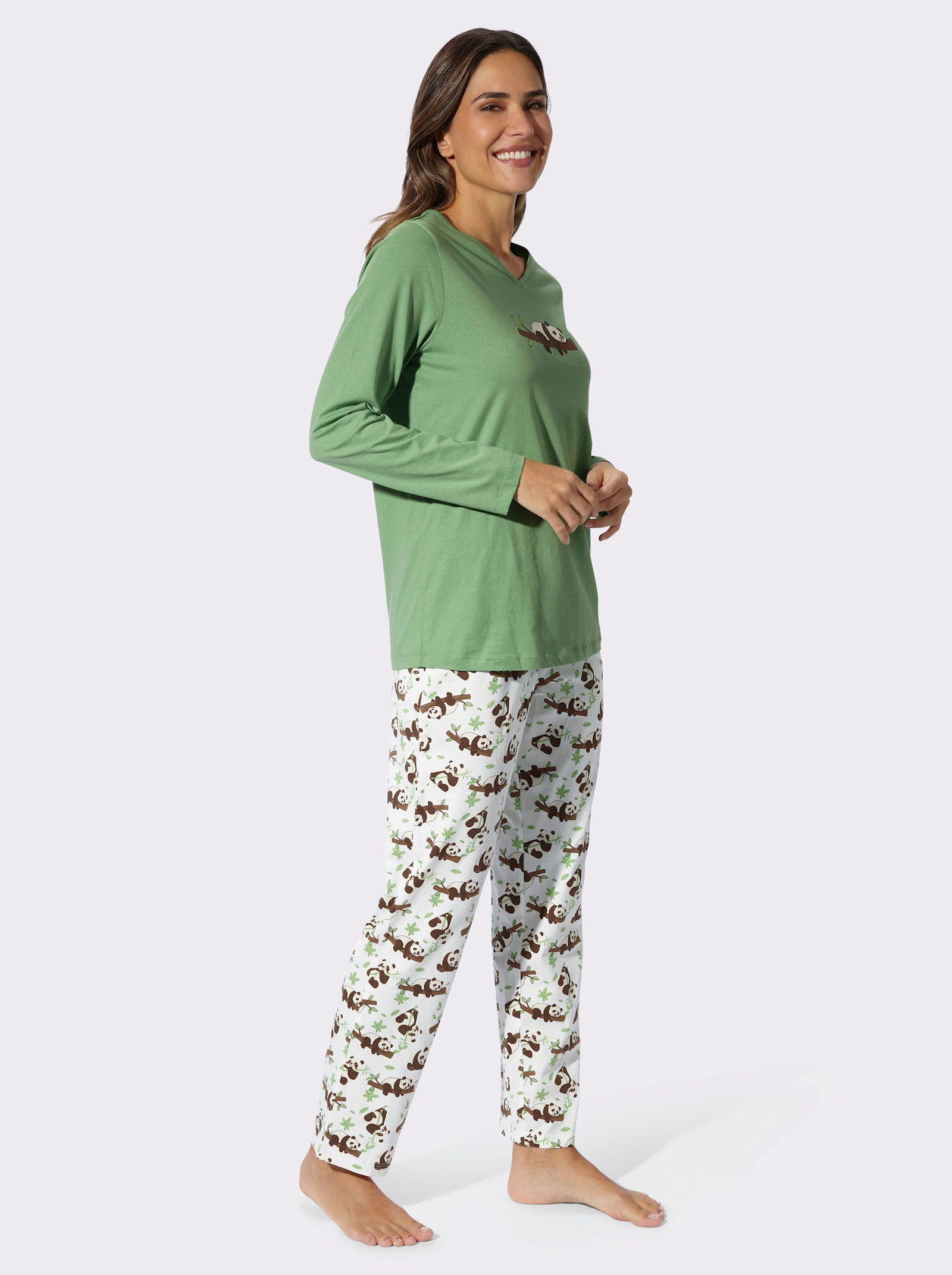 Schlafanzug mit Panda-Motiv - apfel-ecru-bedruckt