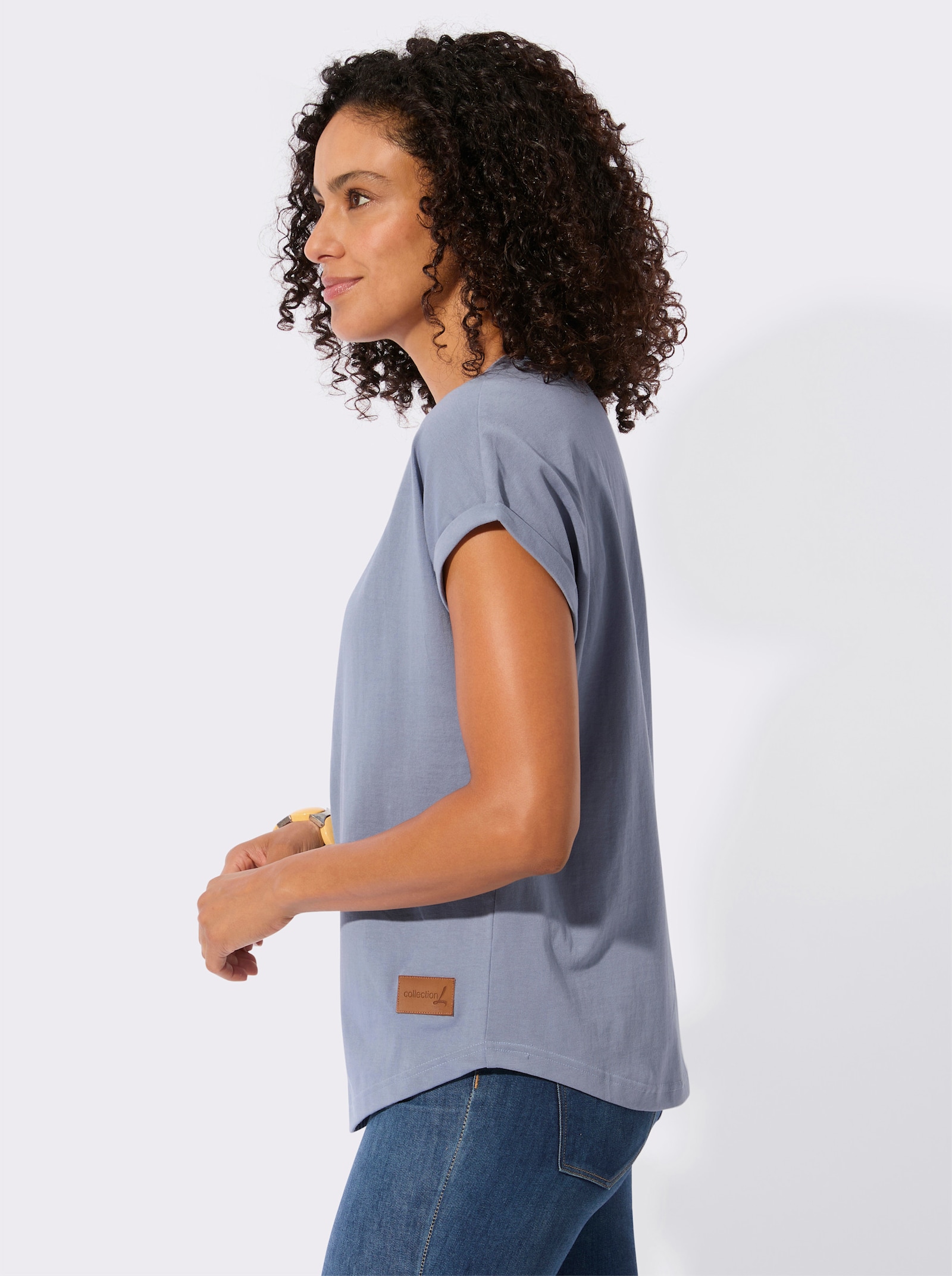 Rundhalsshirt mit Knopfleiste - taubenblau