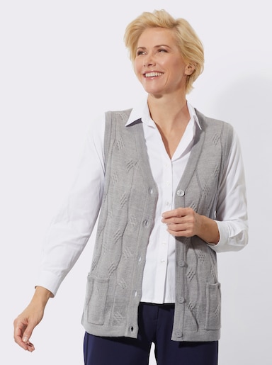 Strickweste mit Zopfmuster - steingrau-meliert