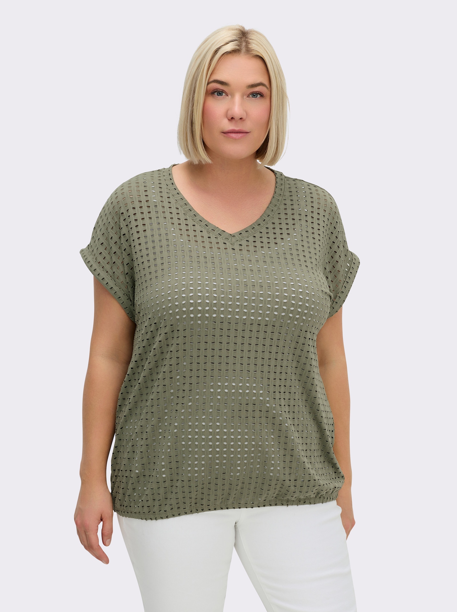 Kurzarmshirt mit Lochmuster - khaki