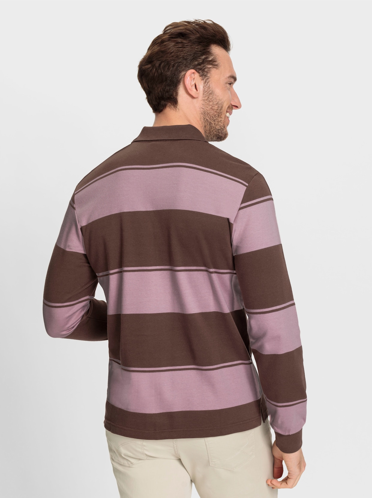 Marco Donati Poloshirt met lange mouwen - chocolade/mauve gestreept
