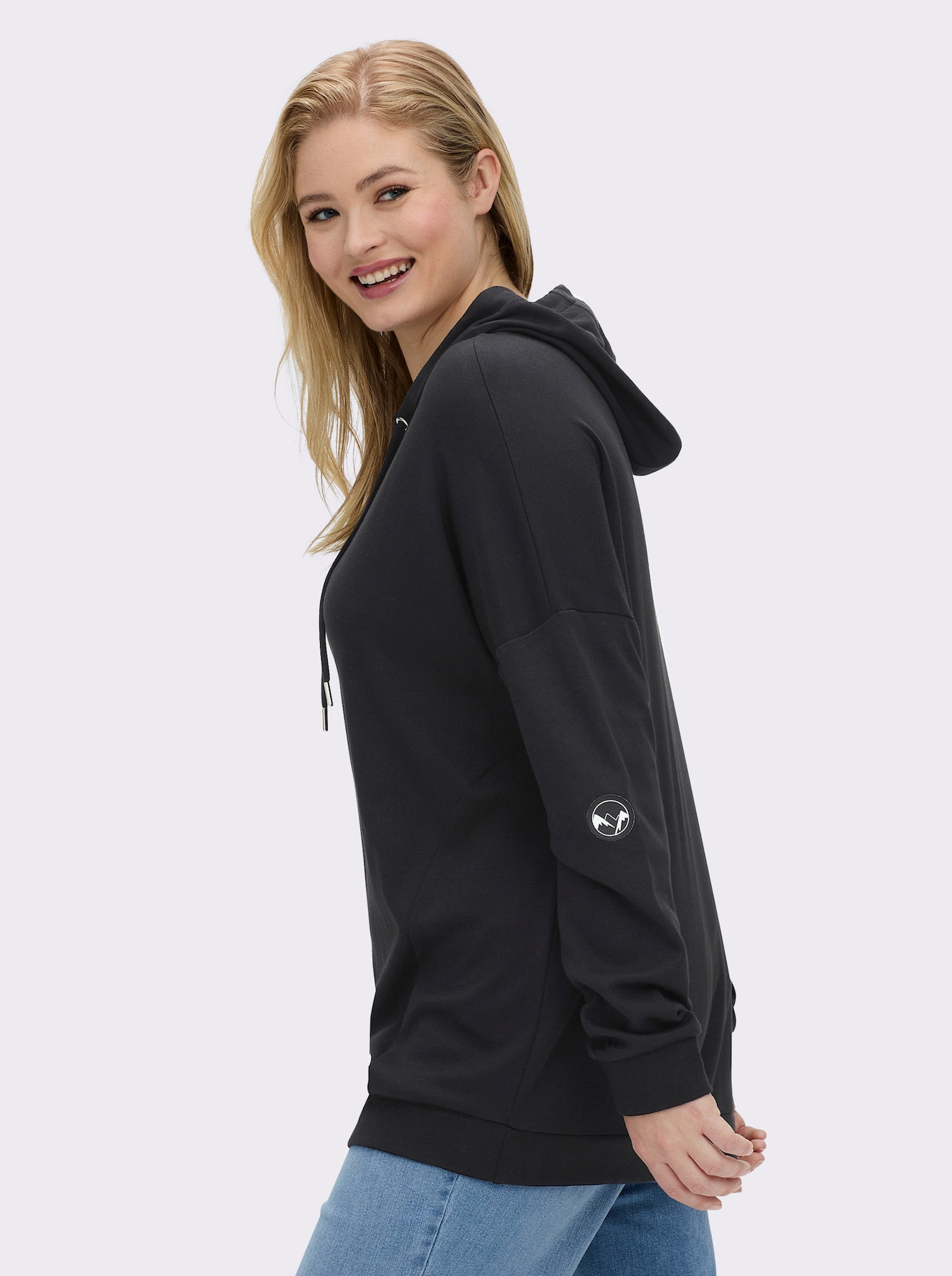 sheego Kapuzensweatshirt mit Rippbündchen - schwarz