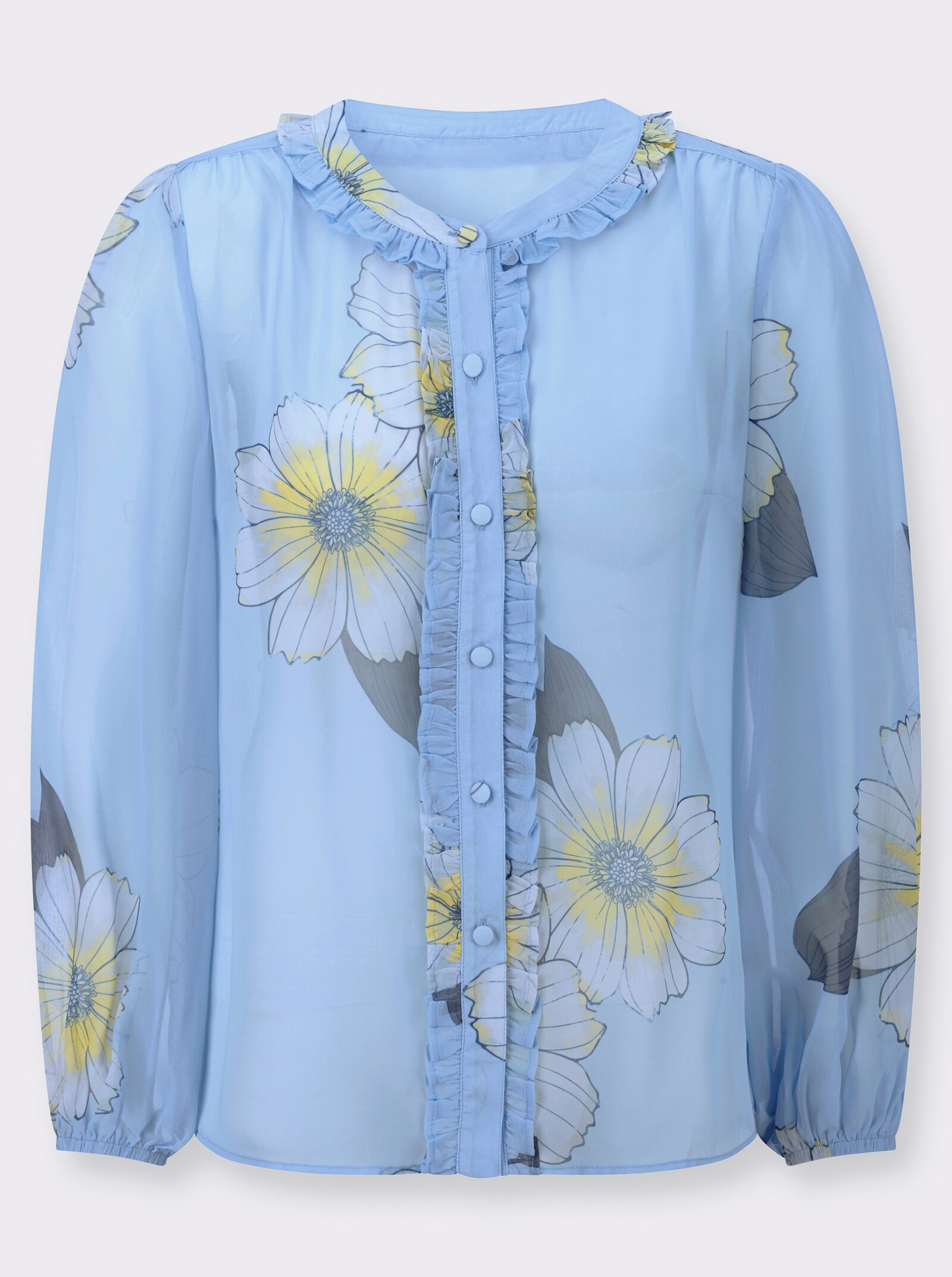 Druckbluse mit romantischen Rüschen - eisblau-ecru-bedruckt