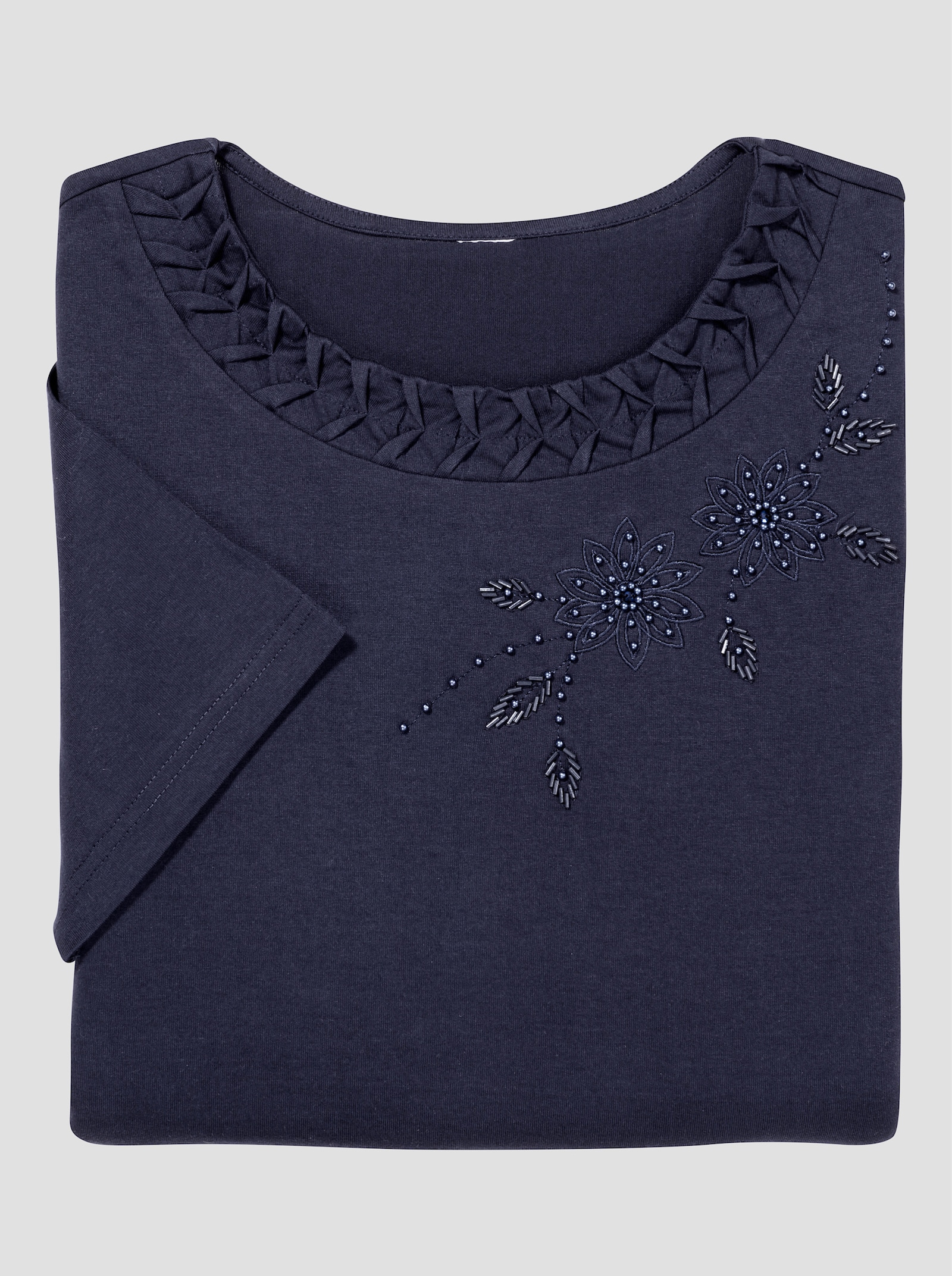 Rundhalsshirt mit Blüten-Stickerei - marine