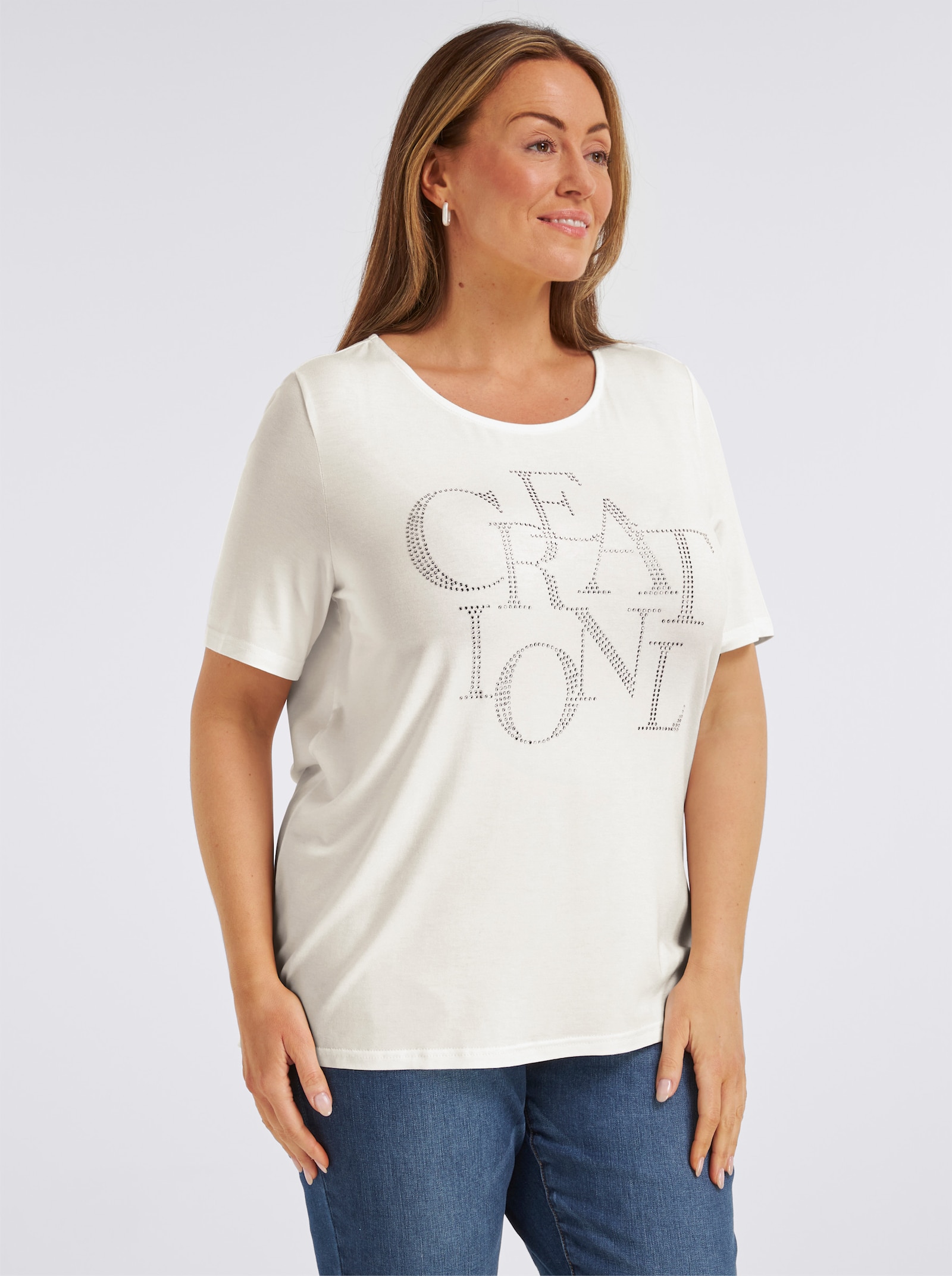 Kurzarmshirt mit Schriftzug aus Glitzersteinchen - ecru