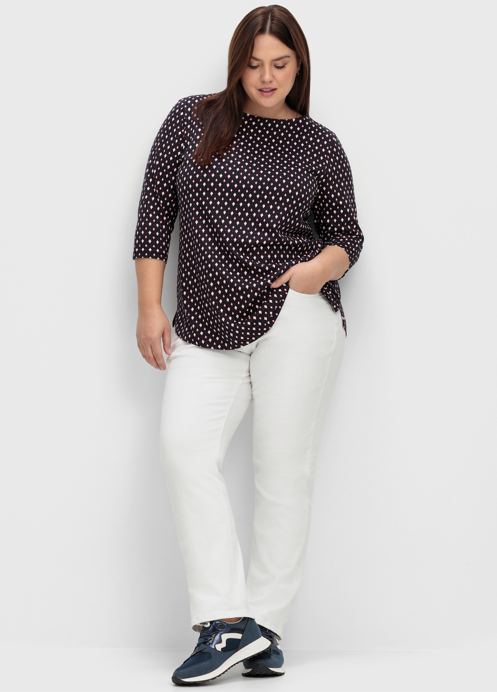 sheego Shirt met 3/4-mouwen en minimalistische print - diepblauw gedessineerd