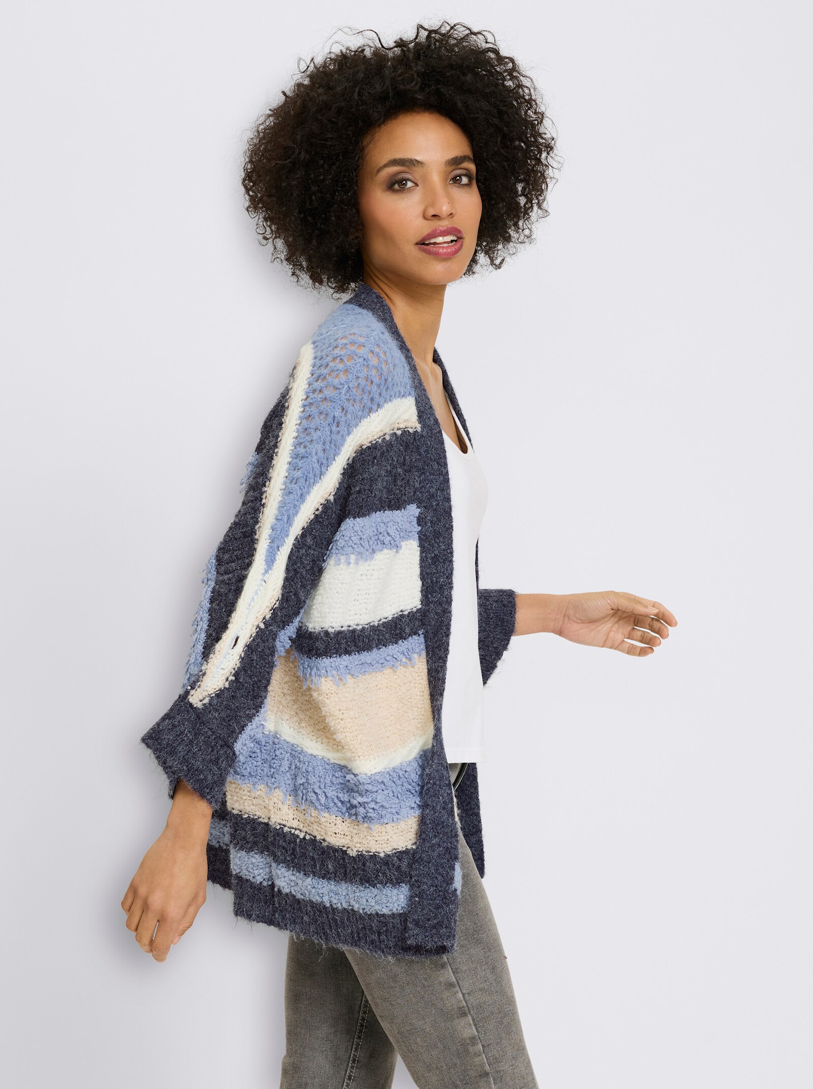 heine Cardigan van ajourtricot - marine/ecru gestreept
