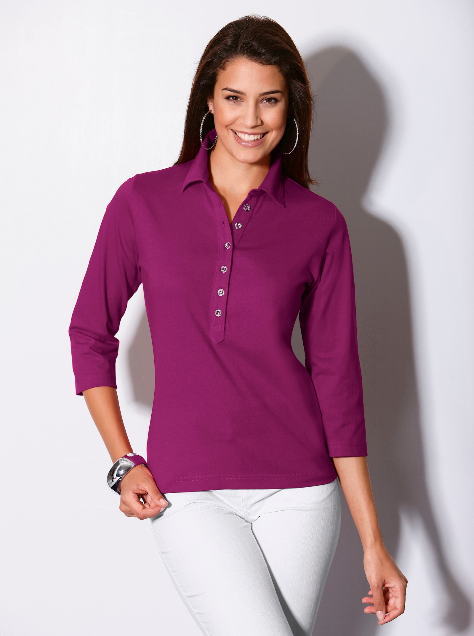 Poloshirt mit langer Knopfleiste - fuchsia