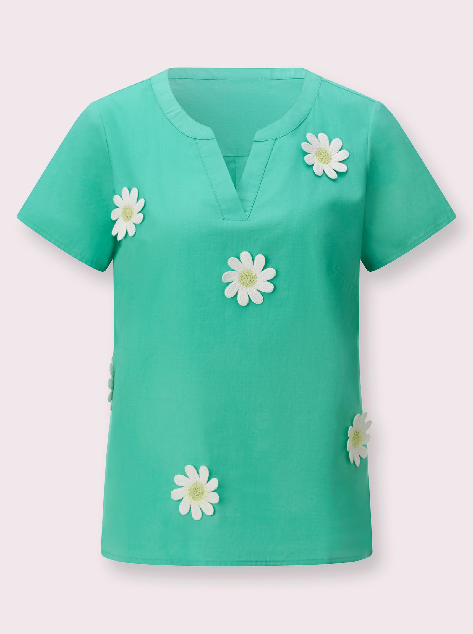 Schlupfbluse mit Blüten-Applikation - blaugrün