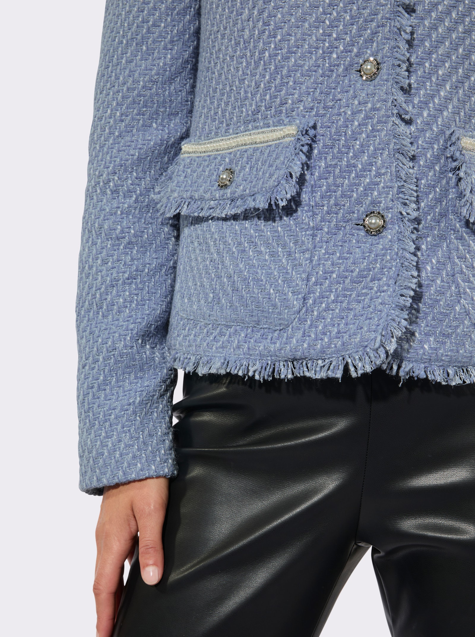 Bouclé-Blazer mit Fransen-Verzierung - taubenblau
