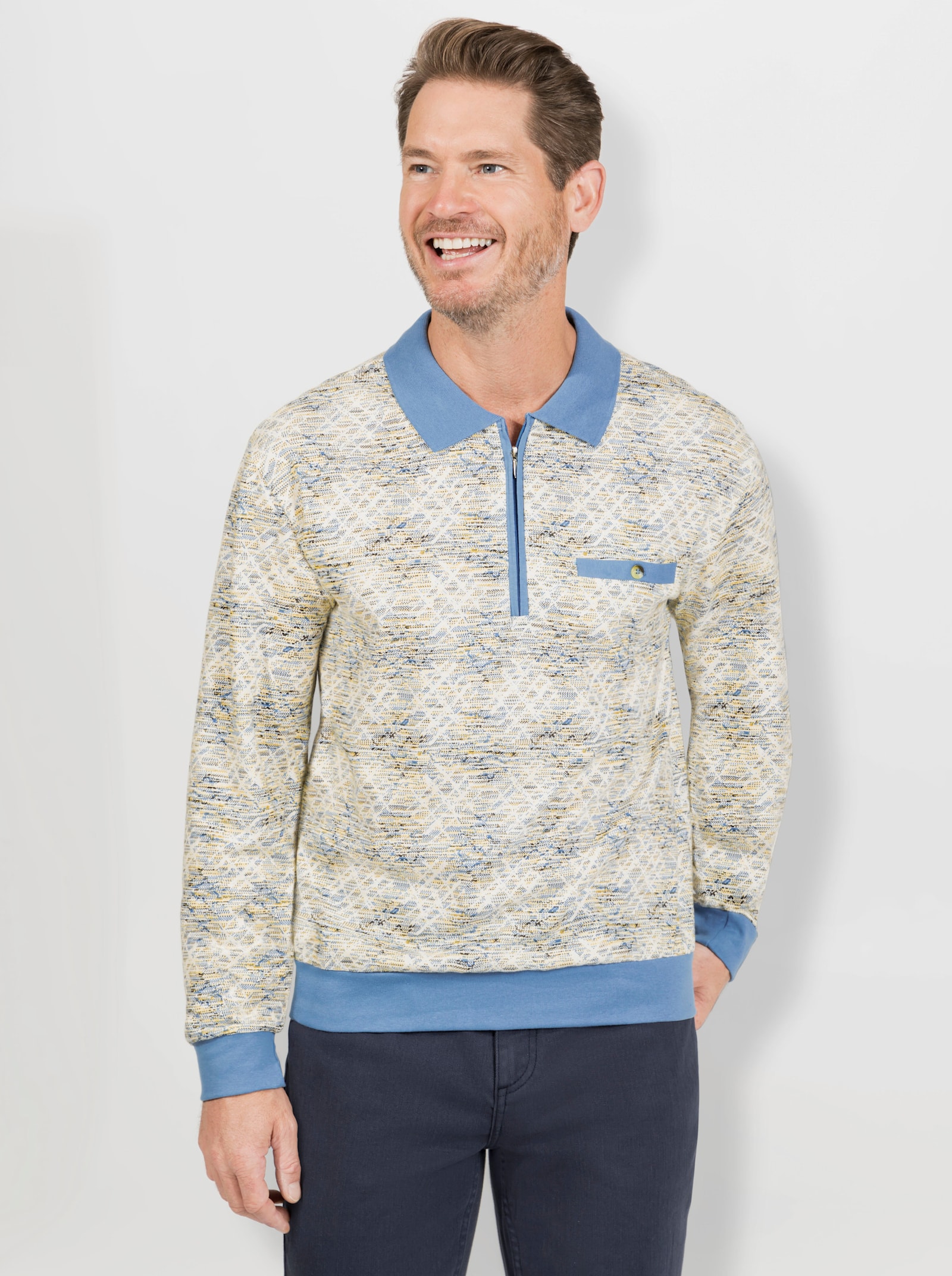 Marco Donati Poloshirt met lange mouwen - middenblauw geprint
