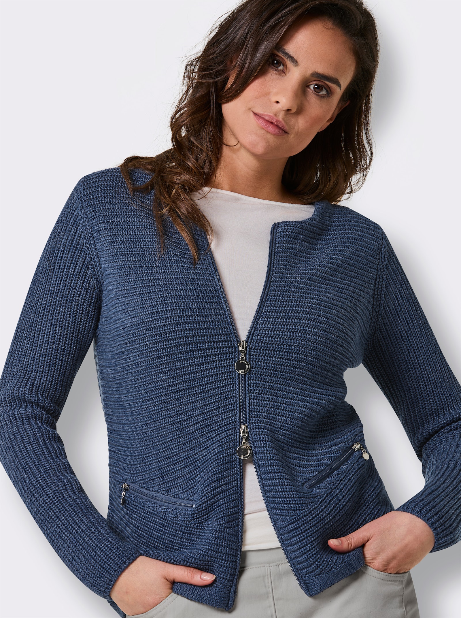 CREATION L PREMIUM Strickjacke mit Lyocell-Anteil - jeansblau-meliert