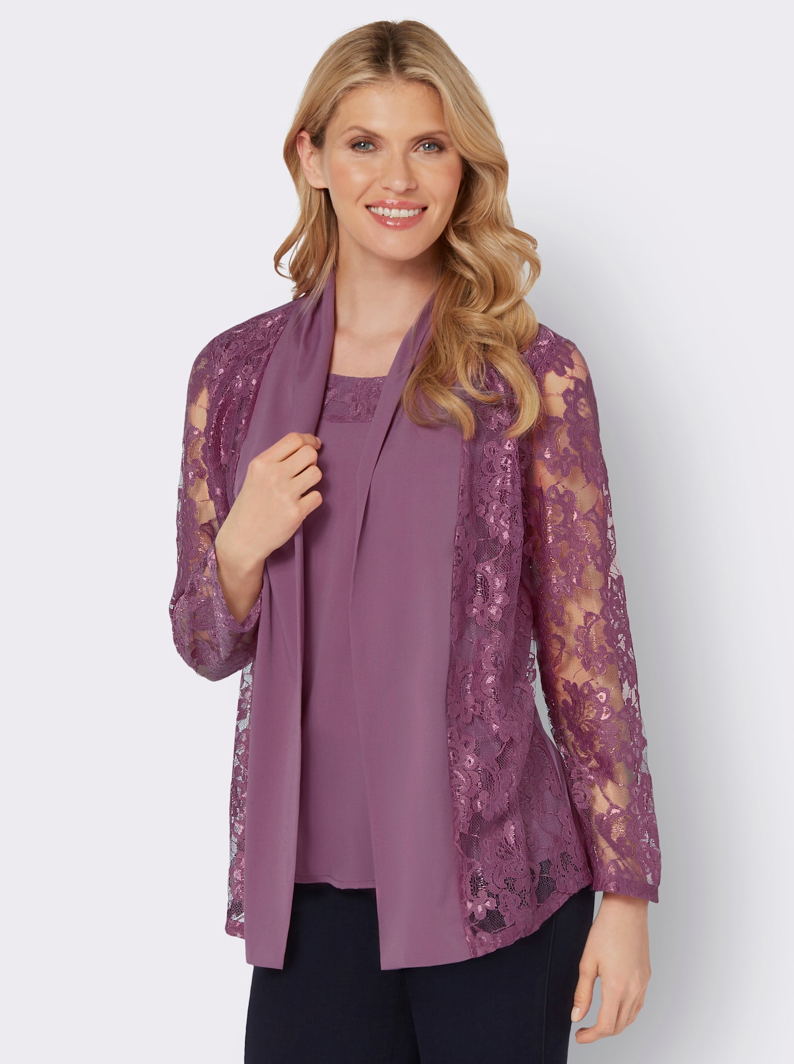 Kanten blouse in twinset-look - violet