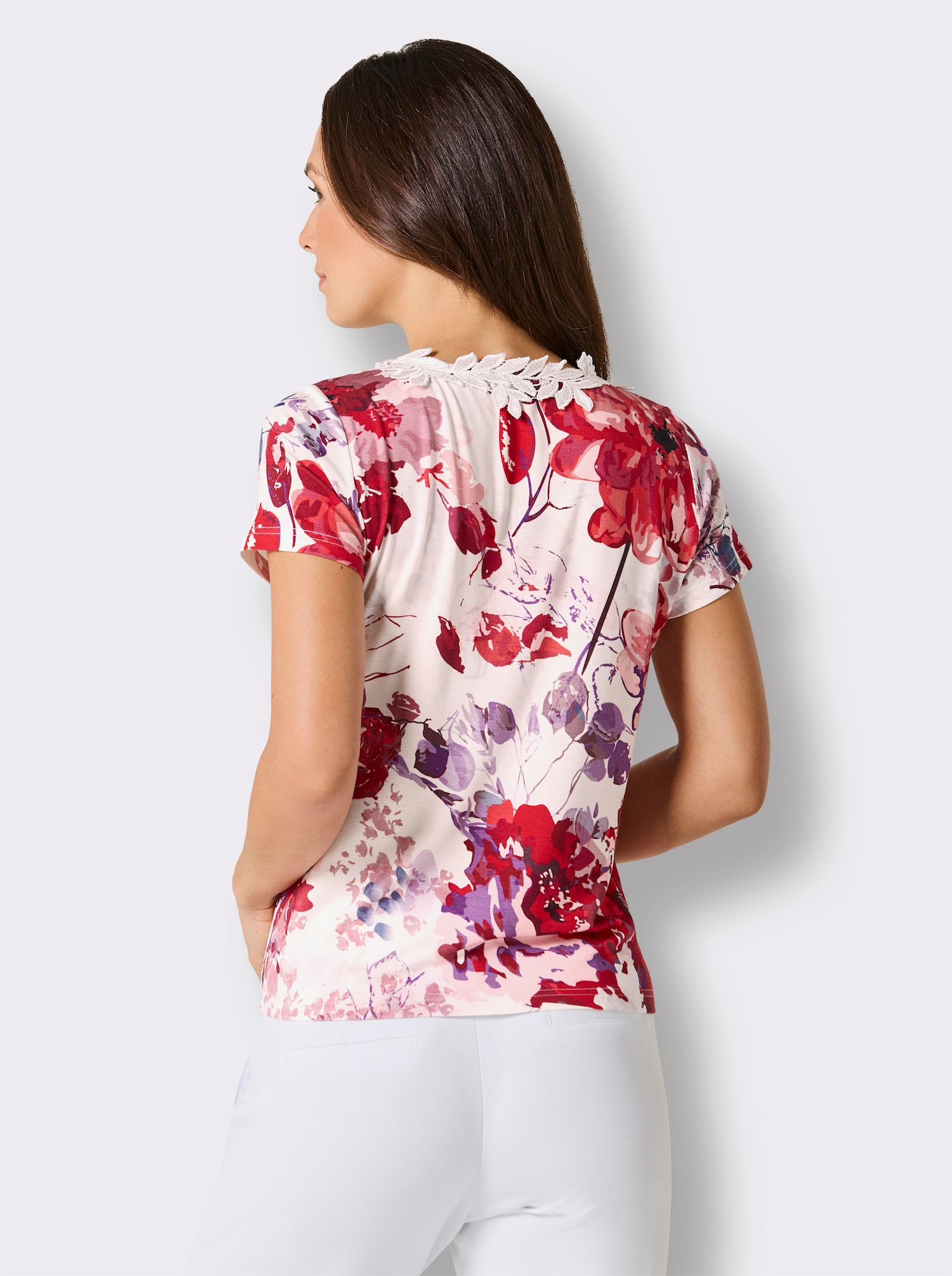 CREATION L PREMIUM V-Shirt mit Spitzenband am Ausschnitt - weiß-erdbeere-bedruckt