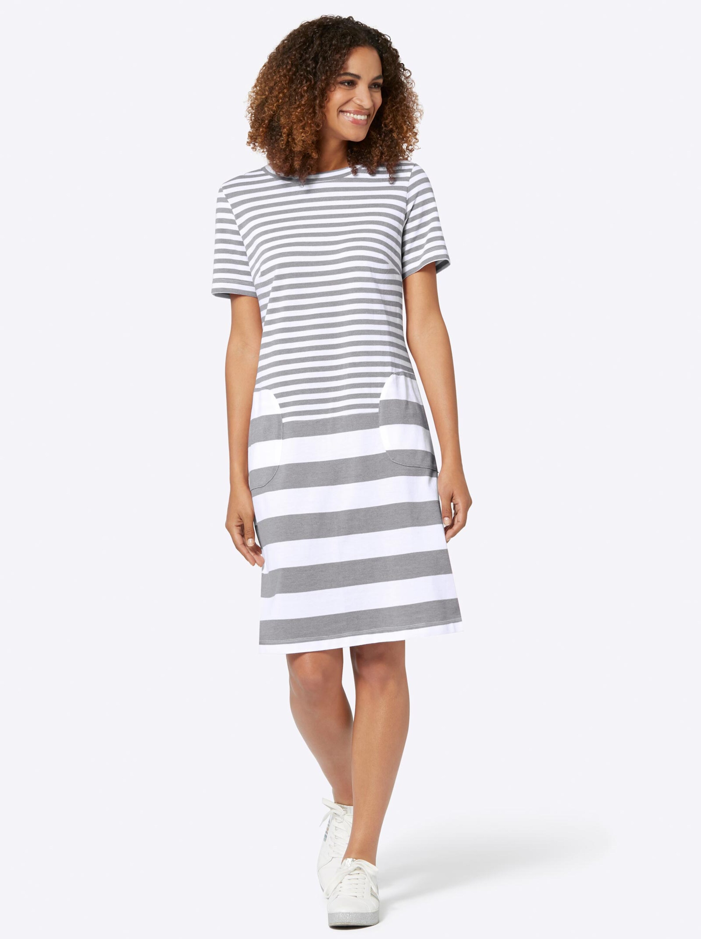 Damenmode Kleider Jerseykleid in steingrau-weiß-gestreift Damenmode Kleider Jerseykleid in steingrau-weiß-gestreift