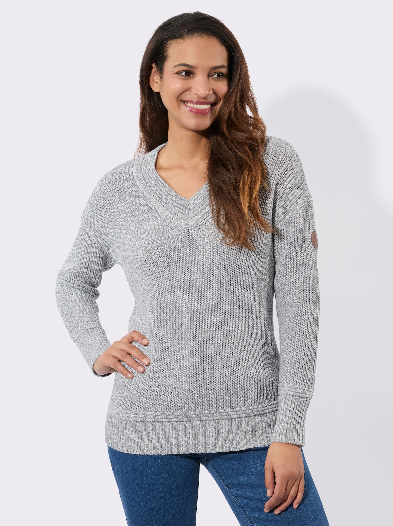 V-Ausschnitt-Pullover - steingrau-ecru-meliert