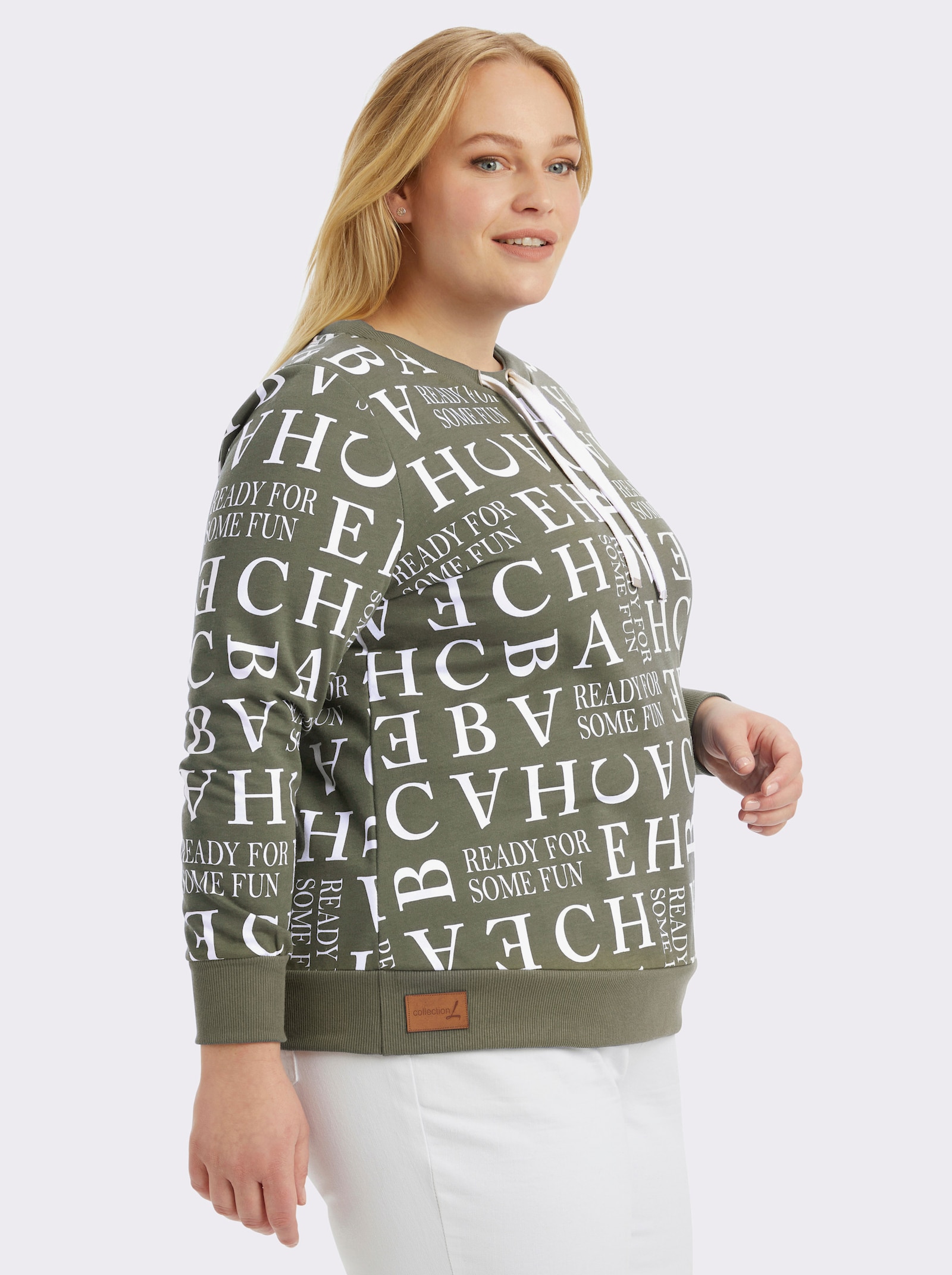 Sweatshirt mit Kordeldurchzug am Ausschnitt - khaki-ecru-bedruckt