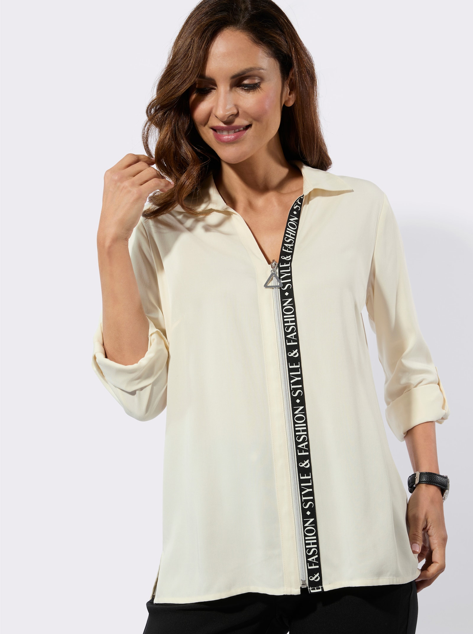 Langarm-Bluse mit Reissverschluss - champagner-schwarz