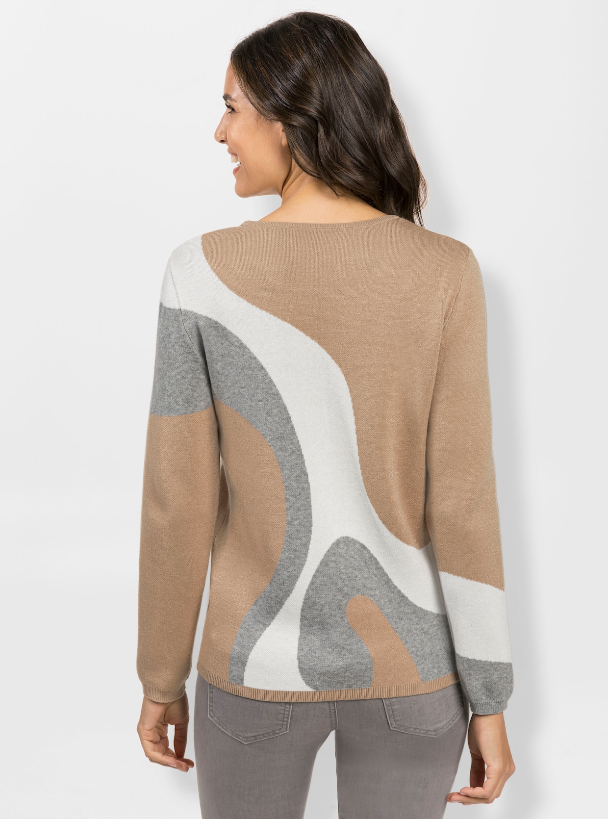 Langarm-Pullover - camel-steingrau-gemustert