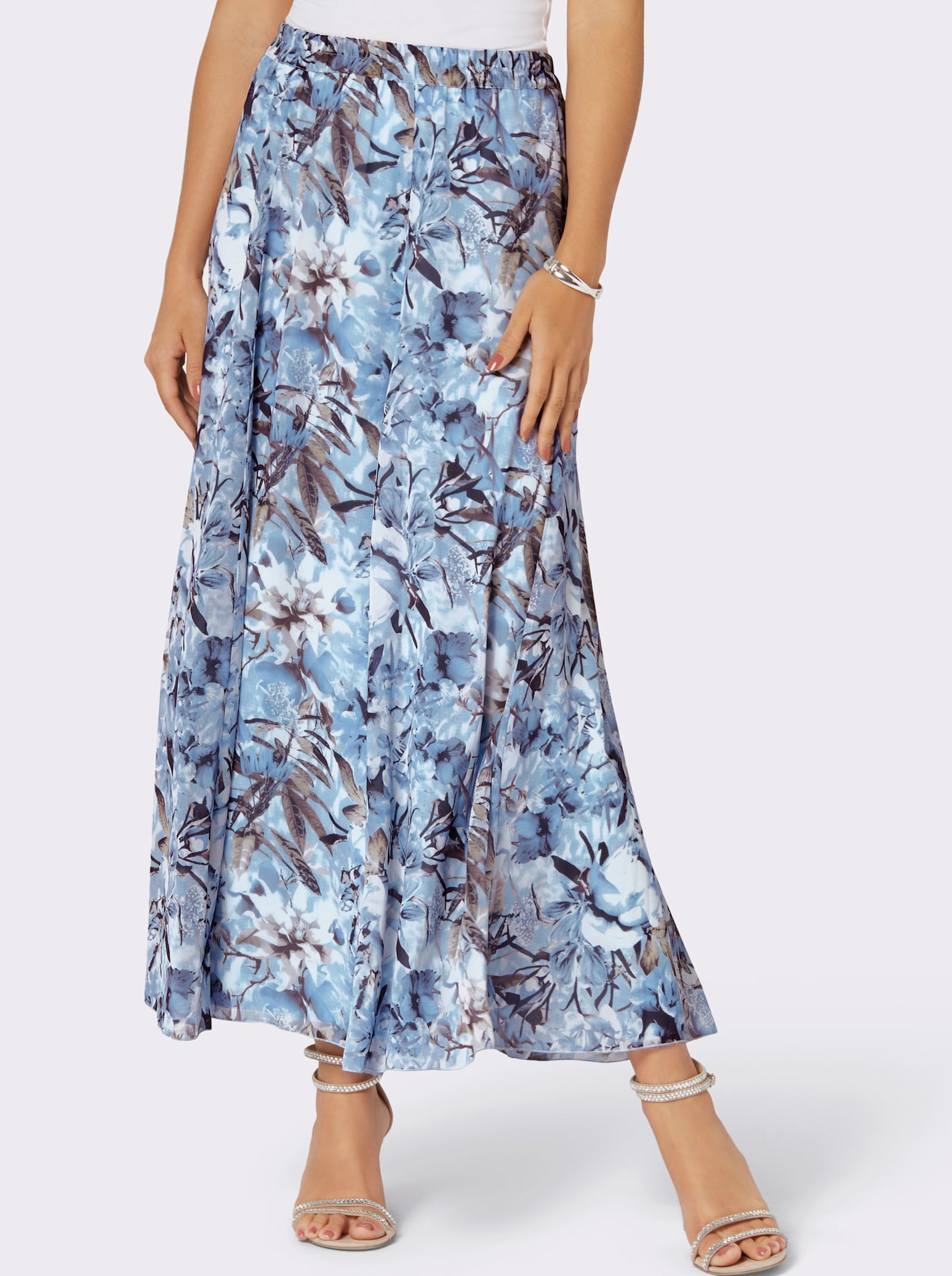 Schlupfrock in schwingender A-Linie - hellblau-ecru-bedruckt