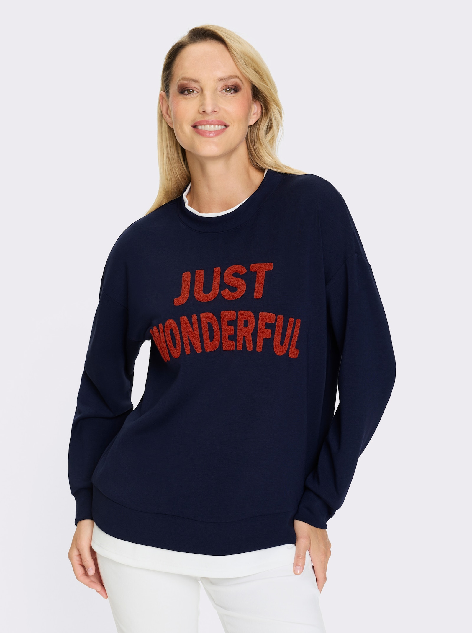 heine Sweater mit Fellimitat-Schriftzug - marine-weiss