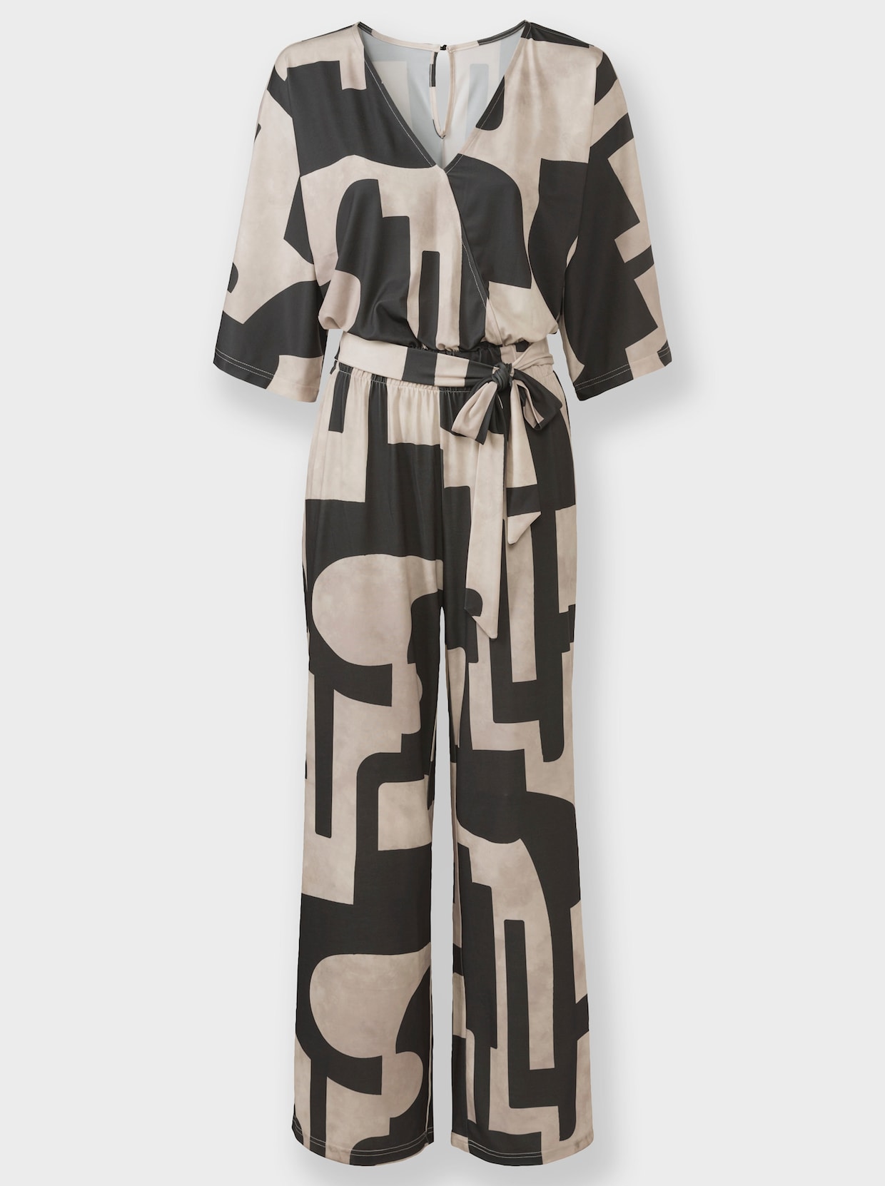 Jumpsuit im Grafikmuster, Jersey - champagner-graphit-bedruckt