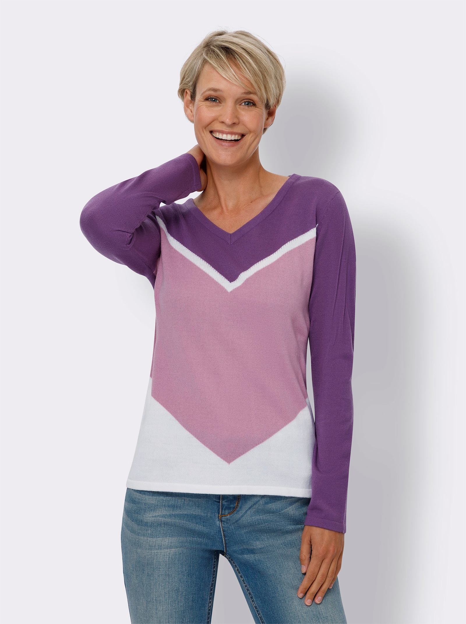 Langarm-Pullover im Blockstreifen-Muster - lila-ecru-gemustert